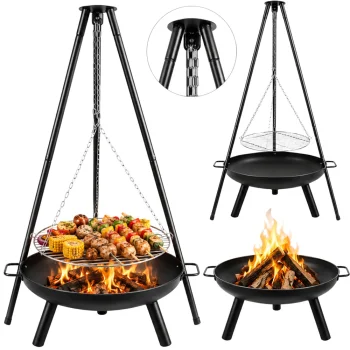 Garden Fire Pit with Tripod Stand and Grill Grate, 58 cm