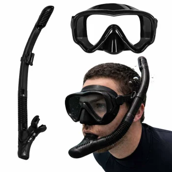 Snorkel Mask and Dry Tube Set with Panoramic View, black