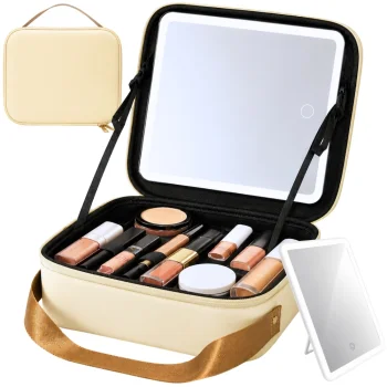 Travel Cosmetic Case with Detachable LED Mirror, Ecru