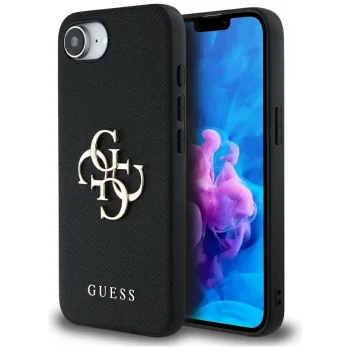 Guess PU Grained 4G Metal Logo Case for iPhone 16e - Black