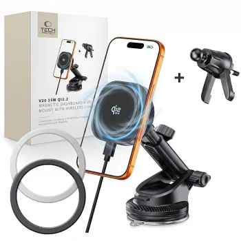 Tech-Protect V20 MagSafe Car Holder with 25W Qi2.2 Wireless Charger - Black