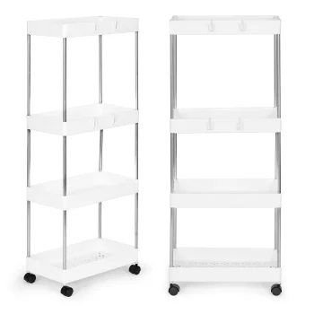 ModernHome Plastic Bathroom Shelf with 4 Tiers and Wheels, White