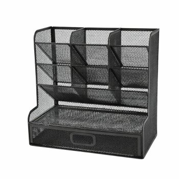 Metal Mesh Desk Organizer with 9 Compartments and Drawer, Black