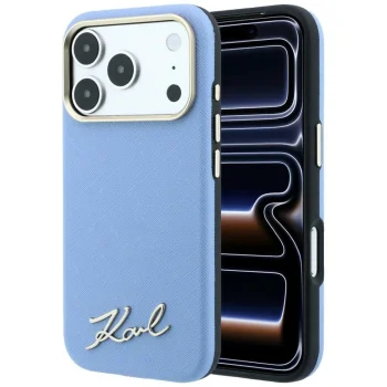 Karl Lagerfeld Saffiano Small Script MagSafe Case for iPhone 17/18 Pro Max - Light Blue