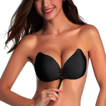 Self-Adhesive Push-Up Strapless Bra with Drawstring, Size D, Black