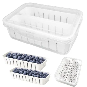 Fridge Organizer with 2 Drainer Baskets Food Storage Container, Clear
