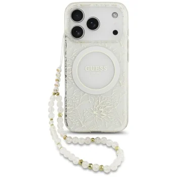 Guess IML Flowers Allover MagSafe Case for iPhone 18 Pro / 17 Pro with Pearl Strap, White