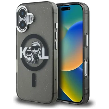 Karl Lagerfeld dėklas iPhone 16 IML Glitter Karl & Choupette MagSafe, juodas