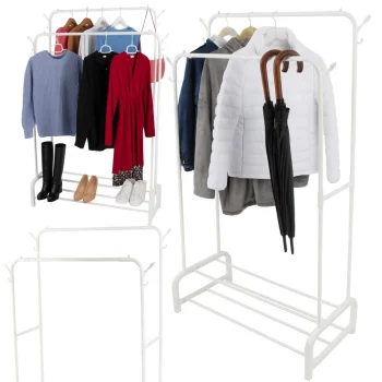 Metal Freestanding Clothes Rack with Shoe Shelves, White