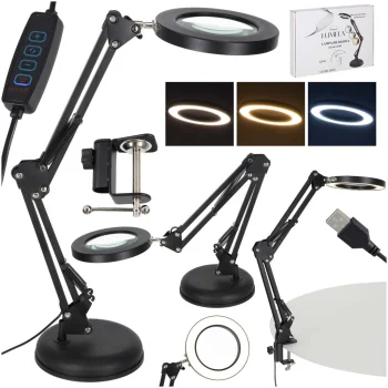 LED Desk Lamp with Magnifying Glass, Adjustable Arm and USB Power, Black