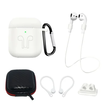 Silikoninio dėklo rinkinys ausinėms „AirPods 2 / AirPods 1“ su priedais, baltas