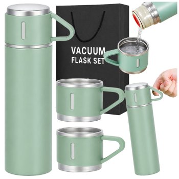 Travel Thermos 400ml with 3 Cups Stainless Steel, Green