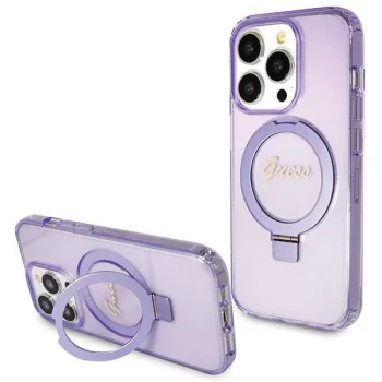 Guess iPhone 14 Pro Max Case Ring Stand Script Glitter MagSafe, Purple