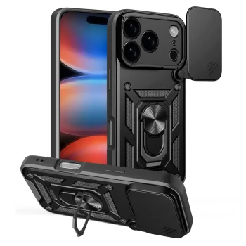 Hybrid Armor Camshield iPhone 17 Pro Case with Stand and Camera Cover, Black