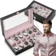 Watch Box Massido MS-710 for 12 Watches with Glass Lid, Black and Salmon