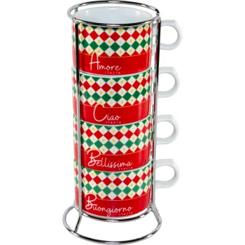 Bialetti Tricolore Cappuccino Cup Set with Stand, 4 Pieces