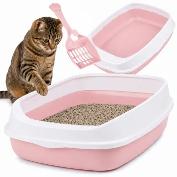 Open Cat Litter Box with Rim and Scoop, 45 x 34 x 12 cm, Pink