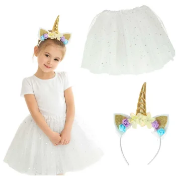 Kids Unicorn Carnival Costume: Headband & Tulle Skirt, 3-6 Years, White