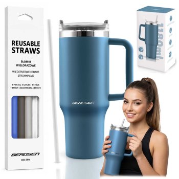 Berdsen Vacuum Thermos Mug with Straw Set, 1180 ml, Navy Blue