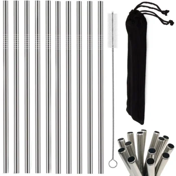 Reusable Metal Drinking Straws with Cleaning Brush, 10 pcs, Silver