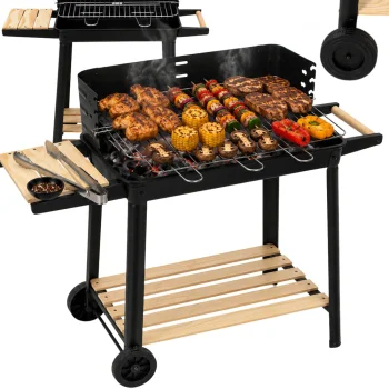 Large Charcoal Garden Grill with Shelves and Wheels, Black