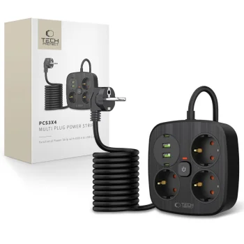 Tech-Protect PCS3X4 Power Strip, 3 Sockets, 2x USB-A, 2x USB-C 200 cm - Black