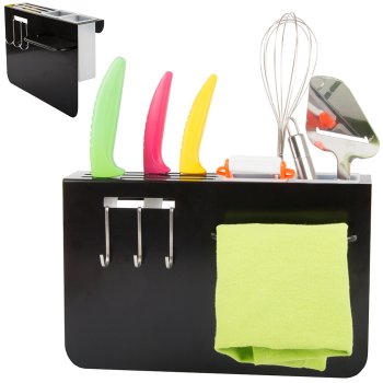 Wall-mounted knife holder and kitchen organizer, black