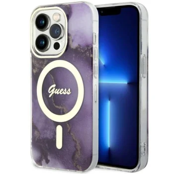 Guess iPhone 14 Pro Case Golden Marble MagSafe, Purple