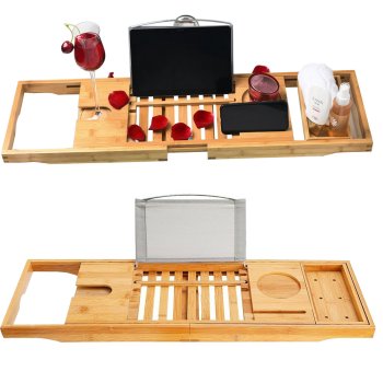 Adjustable Bamboo Bath Caddy Tray for Bathtub Spa Organizer