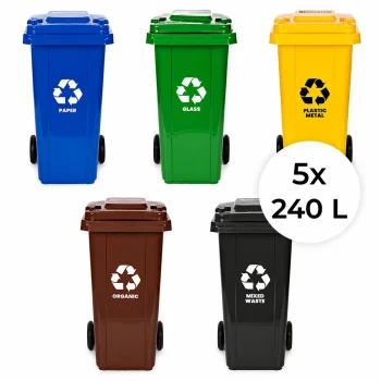 Set of 5 Waste Bins for Recycling 240L Blue Green Yellow Black Brown