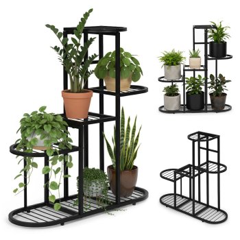 Plant Stand 5 Tier Metal Flower Pot Holder Shelf for Indoor Plants ModernHome, black