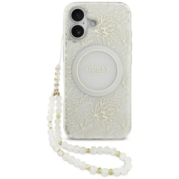 Guess IML Flowers Electro Pearl Strap MagSafe Case for iPhone 17, White