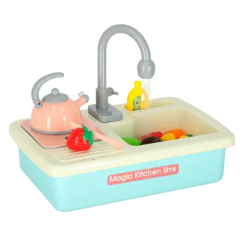 Kids sink with accessories, running water, kettle, induction hob, XXL, blue