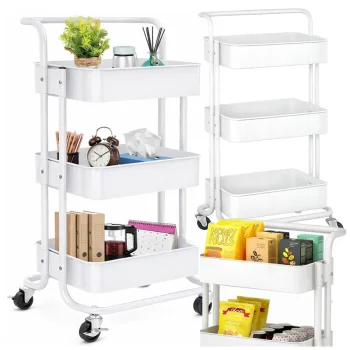 Metal Rolling Storage Cart, 3-Tier Utility Organizer with Wheels, White