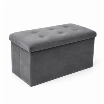 Foldable Velour Pouf with Storage Box, Dark Grey