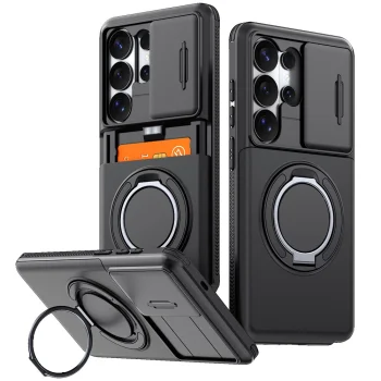 Magnetic Case for Samsung Galaxy S26 Ultra with 360° Metal Ring and Camera Cover - Black