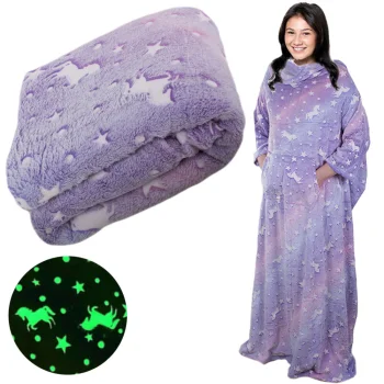 Glow in the Dark Fleece Blanket with Sleeves, 190x170cm, Purple