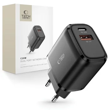 Tech-Protect C20W Wall Charger USB-C PD 20W / USB-A QC 3.0 - Black