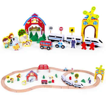 ECOTOYS Wooden Train Set with Battery-Operated Train Farm 53 Pieces