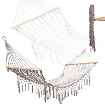 Boho Garden Hammock with Wooden Spreader Bar & Fringes 200x100cm Grey