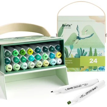 Double-Sided Marker Pens ARRTX Alp, 24 Green Shades with Case