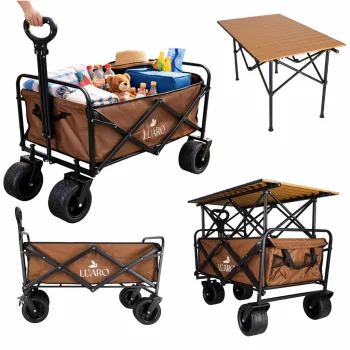 Luaro Foldable Beach Transport Cart 2-in-1 with Table and Canopy, Brown