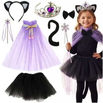 Kruzzel Kids Cat Costume for Girls, 7-Piece Dress Up Set 26474, Black