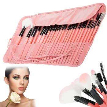 Professional Makeup Brush Set (24 pcs) with Case, Pink/Black