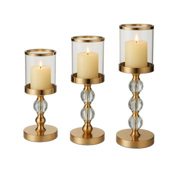 Decorative Candle Holder Set of 3 with Crystals, Gold