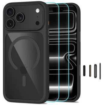 Tech-Protect MagOne CC MagSafe Case + Tempered Glass 2-Pack for iPhone 18 Pro Max / 17 Pro Max, Clear Black