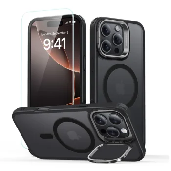 ESR Classic Hybrid Kickstand Halolock Case for iPhone 16 Pro Max + Glass, Black