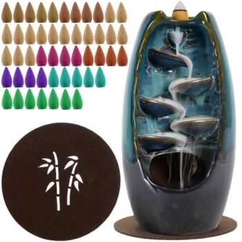 Ruhhy 22655 Ceramic Backflow Incense Burner Waterfall with 55 Cones