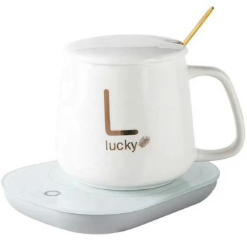 Electric Mug Warmer with Ceramic Cup and Spoon Set, White