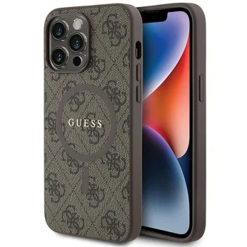 Apple iPhone 14 Pro 6.1'' Guess 4G Collection Leather Metal Logo MagSafe Case Cover, Brown